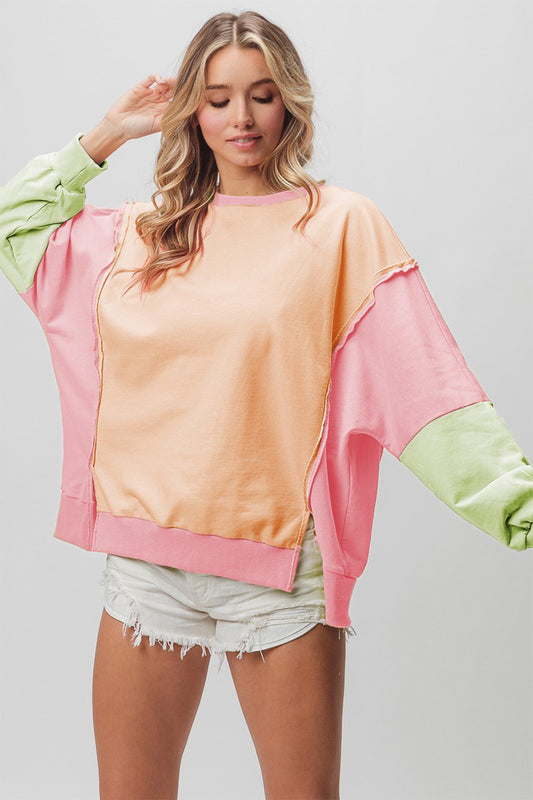 Washed Color Block Sweatshirt- Sherbet